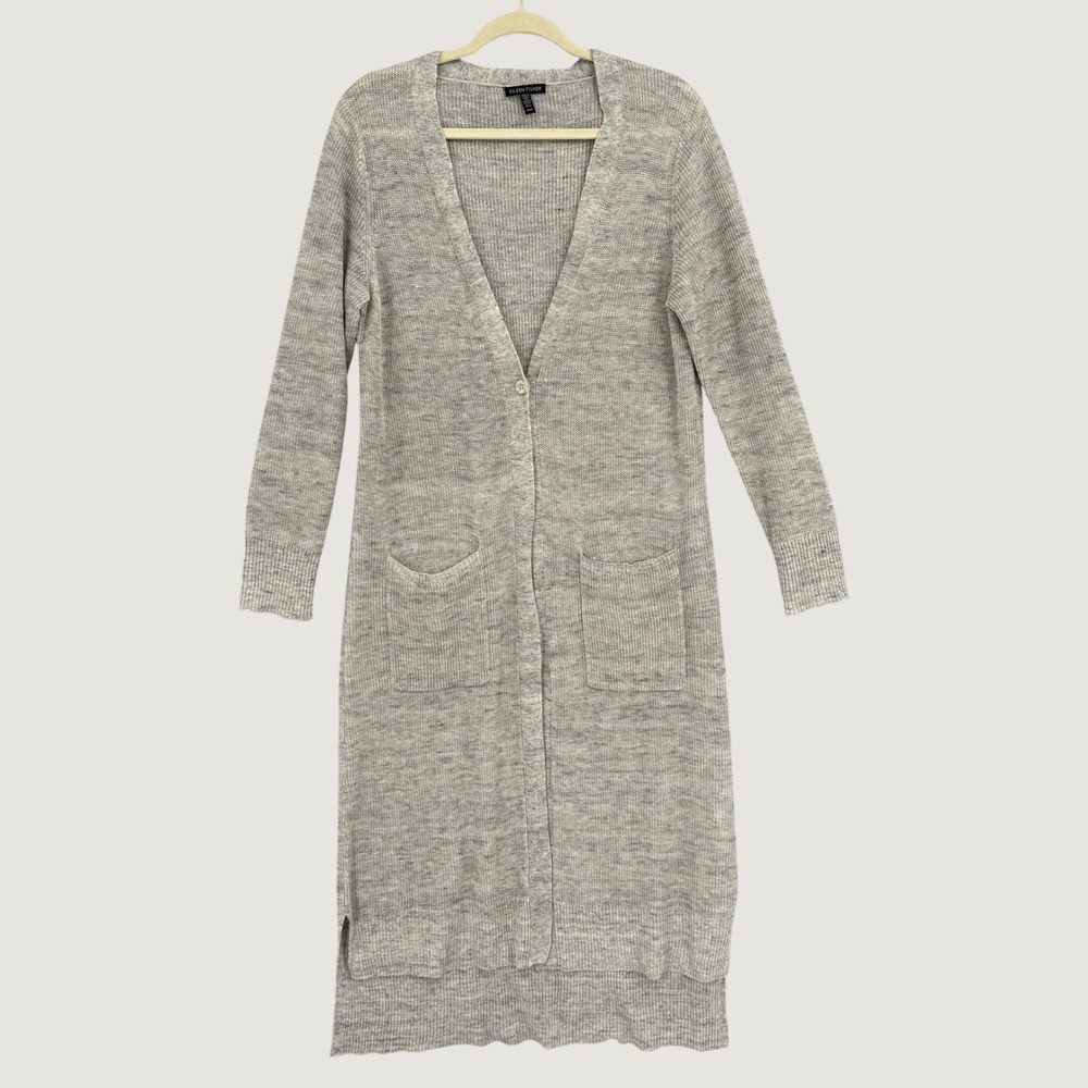 Eileen Fisher Organic Linen Longline Single Button Duster Cardigan Size M Gray